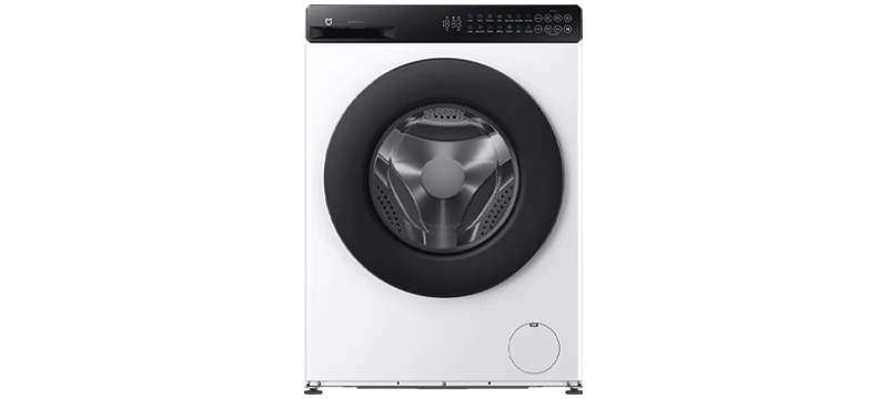 A front-loading washing machine with a white body, black circular door frame, and a black top control panel, shown against a plain white background.