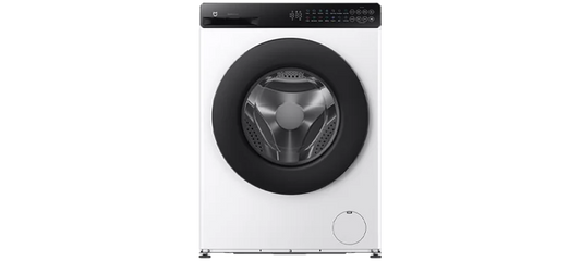 A front-loading washing machine with a white body, black circular door frame, and a black top control panel, shown against a plain white background.