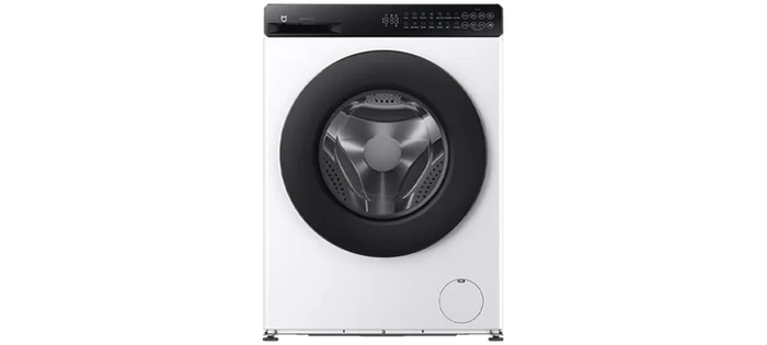 A front-loading washing machine with a white body, black circular door frame, and a black top control panel, shown against a plain white background.